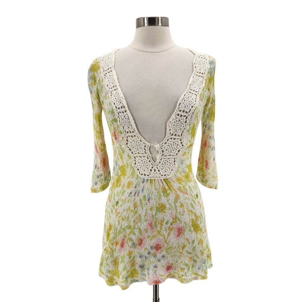 Free People Floral Gauze Terry Knit Crochet Multicolor Tunic Top Womens Medium
